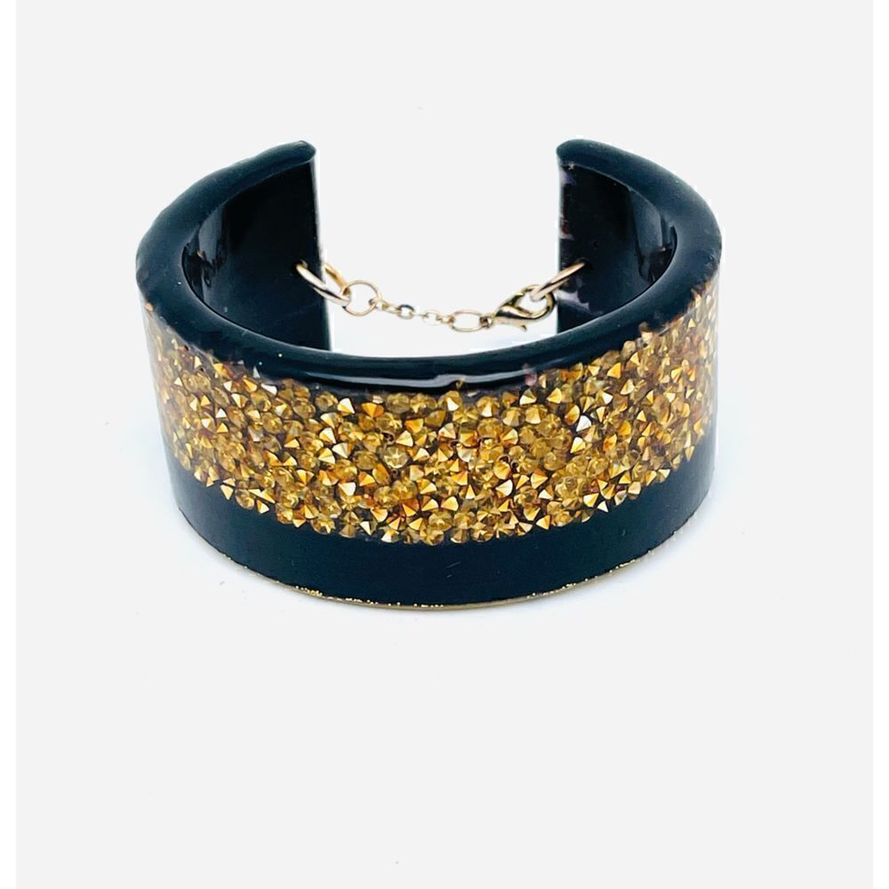 Rare Vintage Confetti Lucite Black & Gold Sequin Cuff Bracelet with Safety Catch